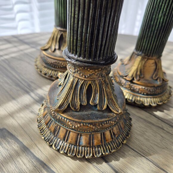 Set of 3 Roman Style Candlesticks | Vintage Green & Gold Pillar Candle Holders - Picture 12 of 12